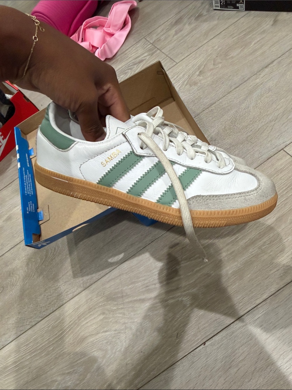 adidas Samba White Sneakers with Sage Green Stripes and Gum Sole